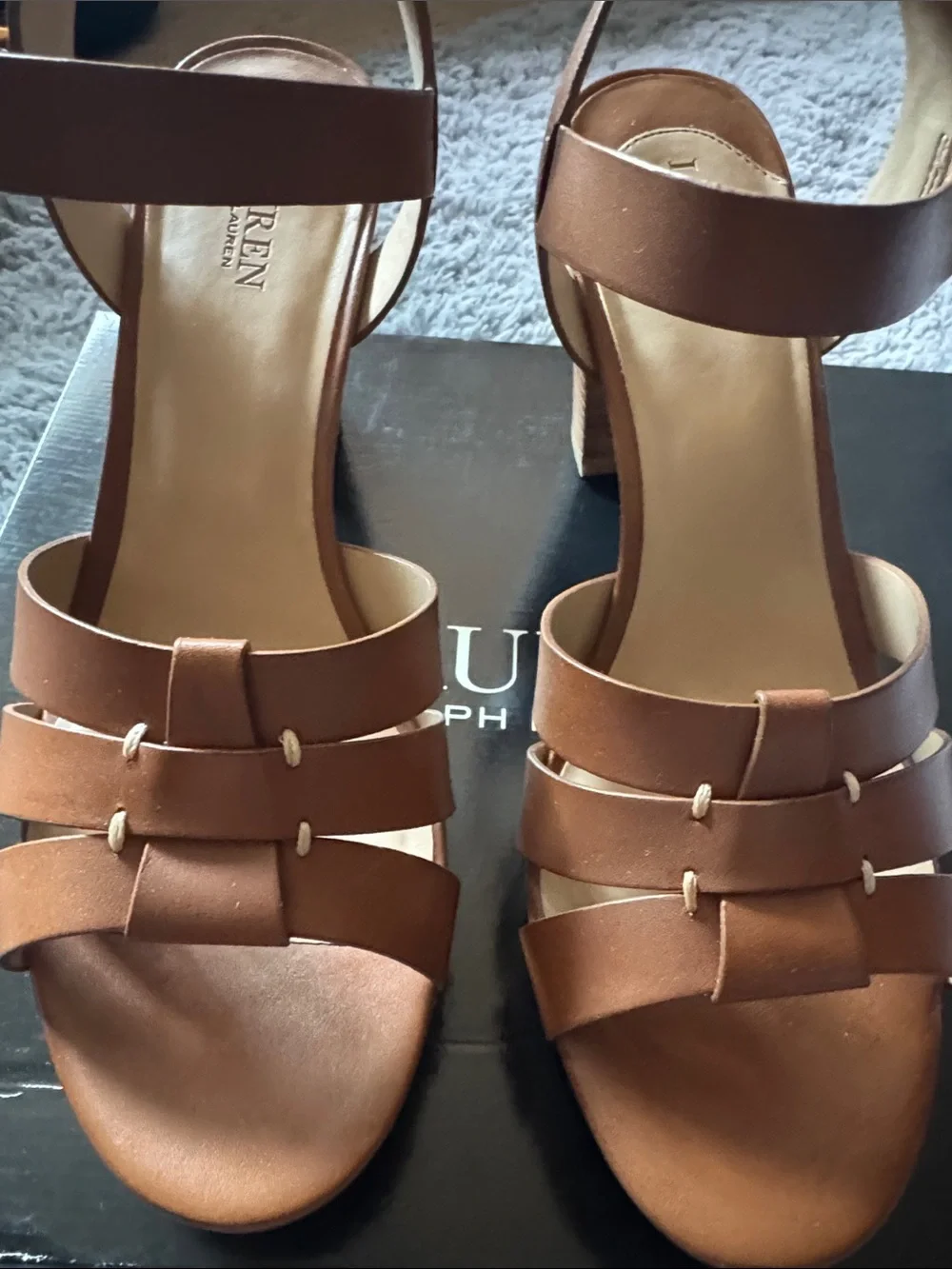 Lauren Ralph Lauren Soffia Tan Leather Strappy Block Heel Sandals Size 9